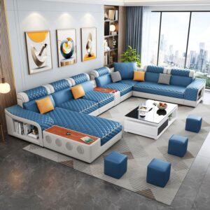 Blue and White U-Shaped Sectional